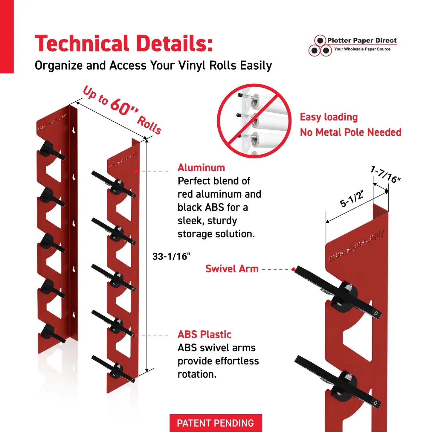 Red Aluminum Wall Mounted Vinyl Roll Storage Rack with Black V-Bracket ABS Plastic Swivel Arm – Holds 5 Vinyl Rolls, Space-Saving Organizer for Studios & Print Shops