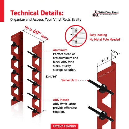 Red Aluminum Wall Mounted Vinyl Roll Storage Rack with Black V-Bracket ABS Plastic Swivel Arm – Holds 5 Vinyl Rolls, Space-Saving Organizer for Studios & Print Shops