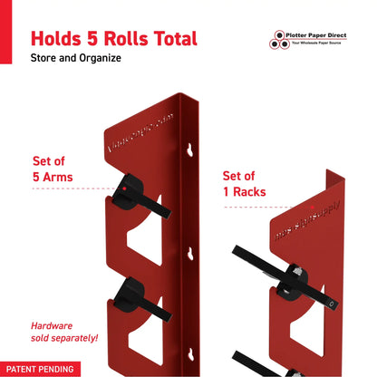 Red Aluminum Wall Mounted Vinyl Roll Storage Rack with Black V-Bracket ABS Plastic Swivel Arm – Holds 5 Vinyl Rolls, Space-Saving Organizer for Studios & Print Shops