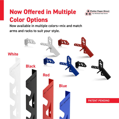 Red Aluminum Wall Mounted Vinyl Roll Storage Rack with Black V-Bracket ABS Plastic Swivel Arm – Holds 5 Vinyl Rolls, Space-Saving Organizer for Studios & Print Shops