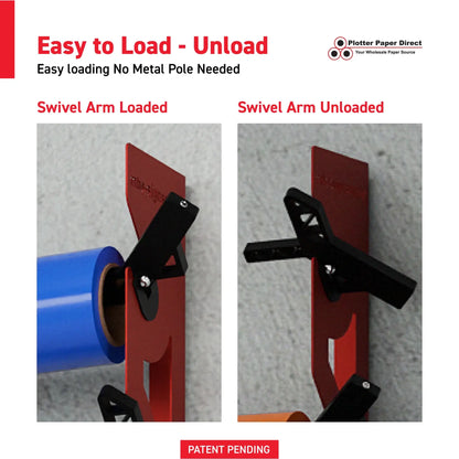 Red Aluminum Wall Mounted Vinyl Roll Storage Rack with Black V-Bracket ABS Plastic Swivel Arm – Holds 5 Vinyl Rolls, Space-Saving Organizer for Studios & Print Shops