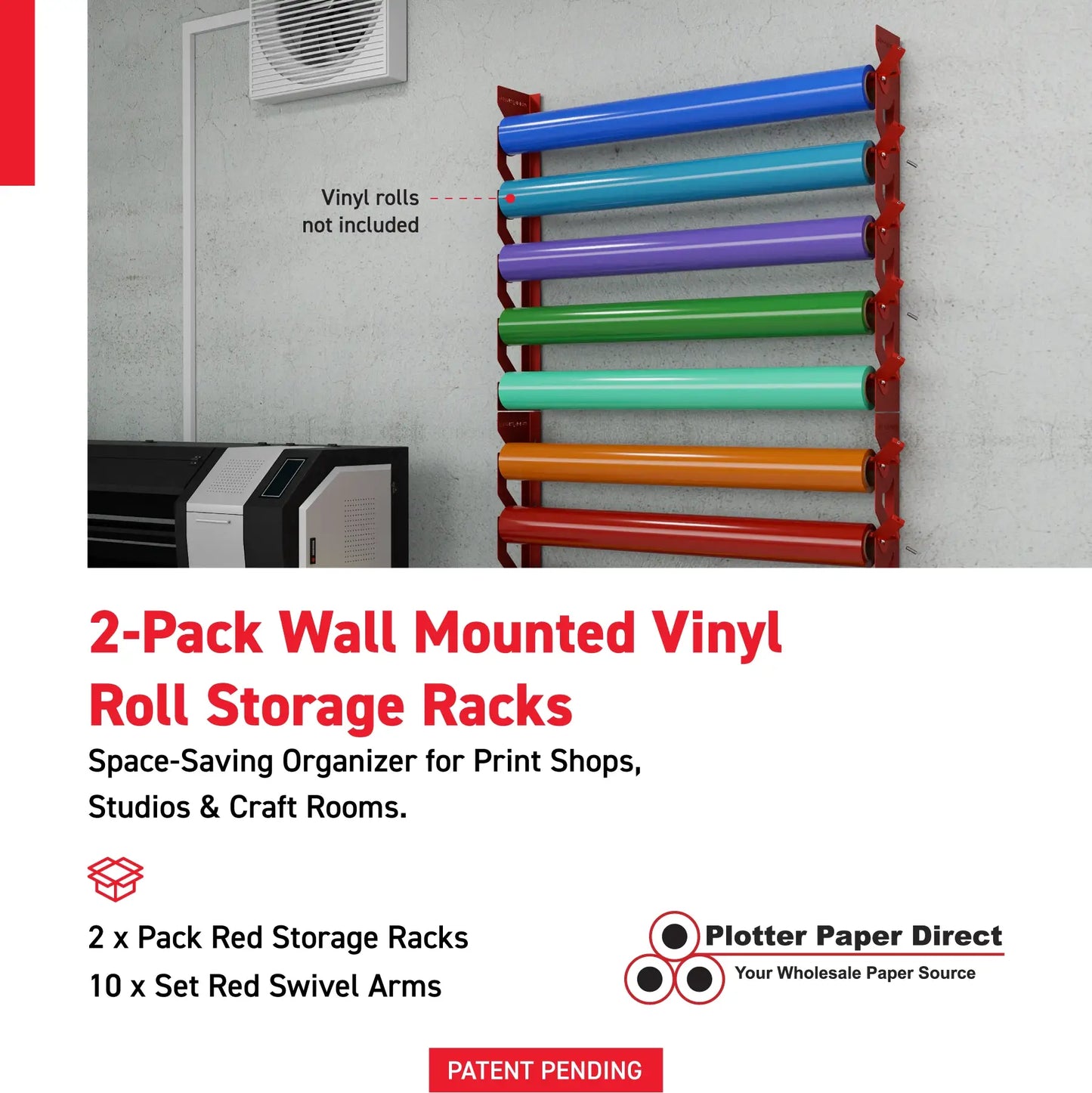 2-Pack Wall Mounted Vinyl Roll Storage Racks – Red Aluminum with Red ABS Swivel Arms, Holds 10 Rolls Total, Space-Saving Organizer for Print Shops, Studios & Craft Rooms