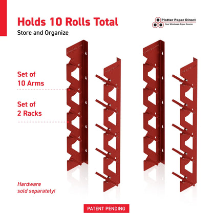 2-Pack Wall Mounted Vinyl Roll Storage Racks – Red Aluminum with Red ABS Swivel Arms, Holds 10 Rolls Total, Space-Saving Organizer for Print Shops, Studios & Craft Rooms