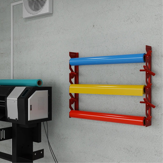 Red Aluminum Wall Mounted Vinyl Roll Storage Rack with Red V-Bracket ABS Plastic Swivel Arm – Holds 5 Vinyl Rolls, Space-Saving Organizer for Studios & Print Shops