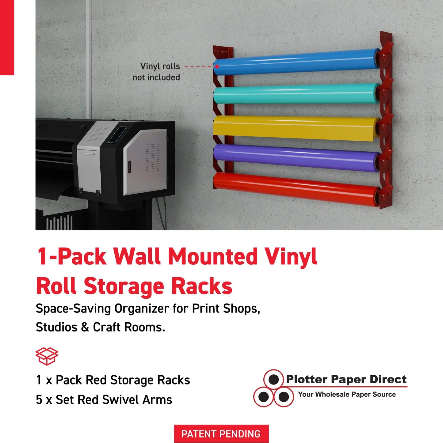 Red Aluminum Wall Mounted Vinyl Roll Storage Rack with Red V-Bracket ABS Plastic Swivel Arm – Holds 5 Vinyl Rolls, Space-Saving Organizer for Studios & Print Shops