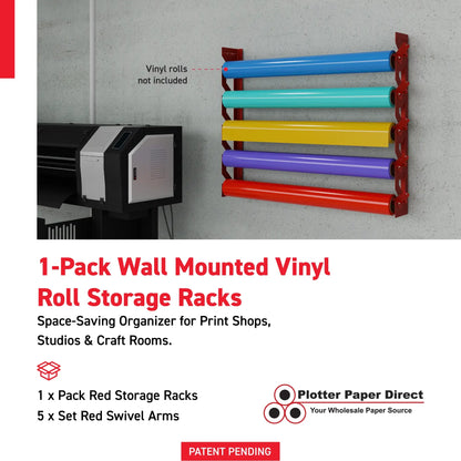 Red Aluminum Wall Mounted Vinyl Roll Storage Rack with Red V-Bracket ABS Plastic Swivel Arm – Holds 5 Vinyl Rolls, Space-Saving Organizer for Studios & Print Shops