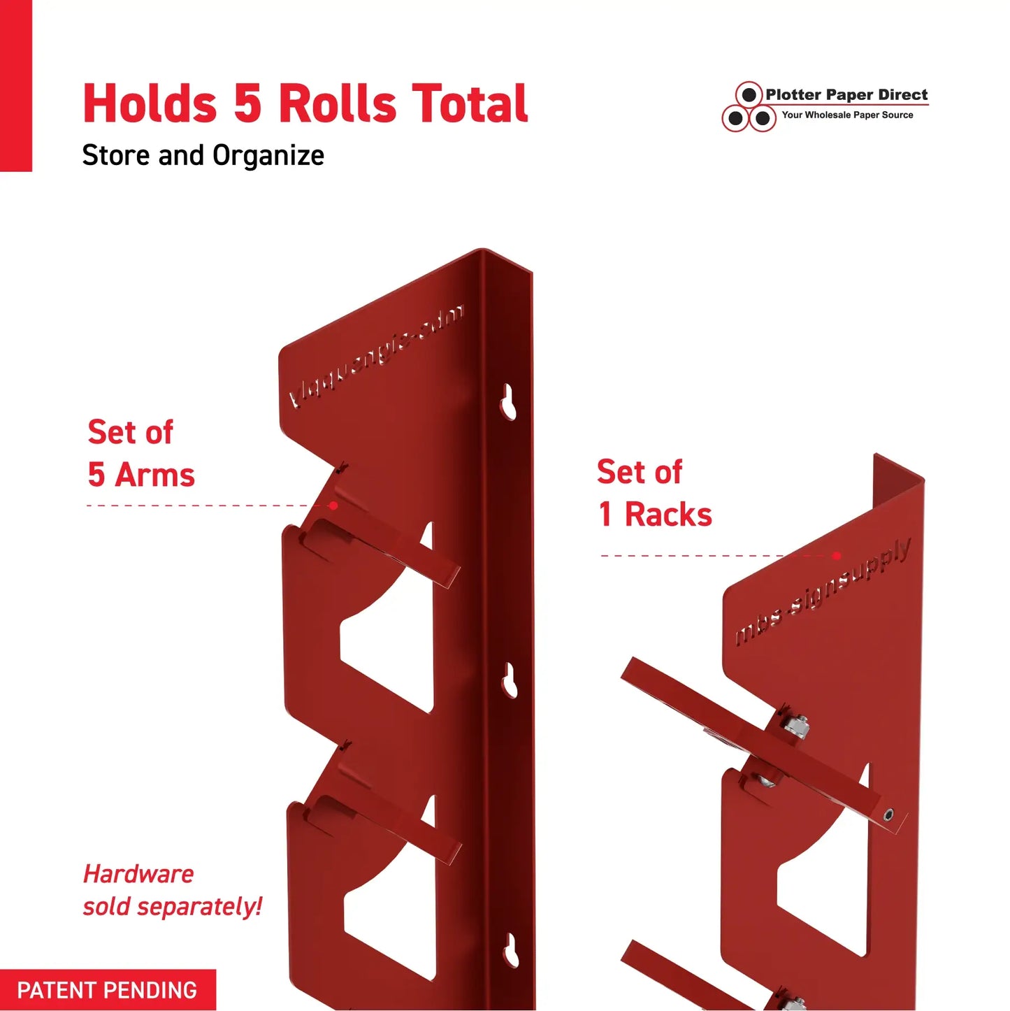 Red Aluminum Wall Mounted Vinyl Roll Storage Rack with Red V-Bracket ABS Plastic Swivel Arm – Holds 5 Vinyl Rolls, Space-Saving Organizer for Studios & Print Shops