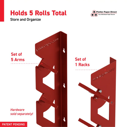 Red Aluminum Wall Mounted Vinyl Roll Storage Rack with Red V-Bracket ABS Plastic Swivel Arm – Holds 5 Vinyl Rolls, Space-Saving Organizer for Studios & Print Shops