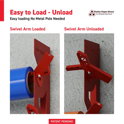 Red Aluminum Wall Mounted Vinyl Roll Storage Rack with Red V-Bracket ABS Plastic Swivel Arm – Holds 5 Vinyl Rolls, Space-Saving Organizer for Studios & Print Shops