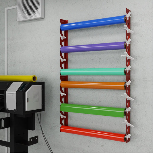 2-Pack Wall Mounted Vinyl Roll Storage Racks – Red Aluminum with White ABS Swivel Arms, Holds 10 Rolls Total, Space-Saving Organizer for Print Shops, Studios & Craft Rooms