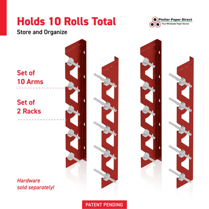 2-Pack Wall Mounted Vinyl Roll Storage Racks – Red Aluminum with White ABS Swivel Arms, Holds 10 Rolls Total, Space-Saving Organizer for Print Shops, Studios & Craft Rooms