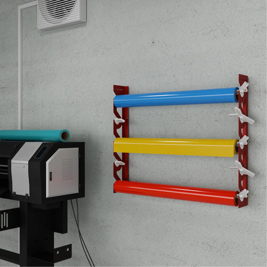 Red Aluminum Wall Mounted Vinyl Roll Storage Rack with White V-Bracket ABS Plastic Swivel Arm – Holds 5 Vinyl Rolls, Space-Saving Organizer for Studios & Print Shops