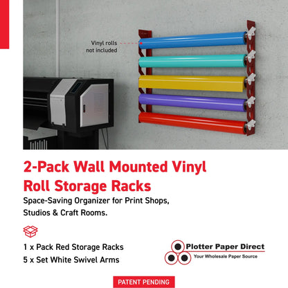 Red Aluminum Wall Mounted Vinyl Roll Storage Rack with White V-Bracket ABS Plastic Swivel Arm – Holds 5 Vinyl Rolls, Space-Saving Organizer for Studios & Print Shops