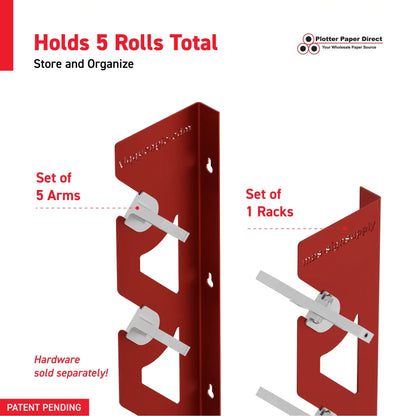 Red Aluminum Wall Mounted Vinyl Roll Storage Rack with White V-Bracket ABS Plastic Swivel Arm – Holds 5 Vinyl Rolls, Space-Saving Organizer for Studios & Print Shops