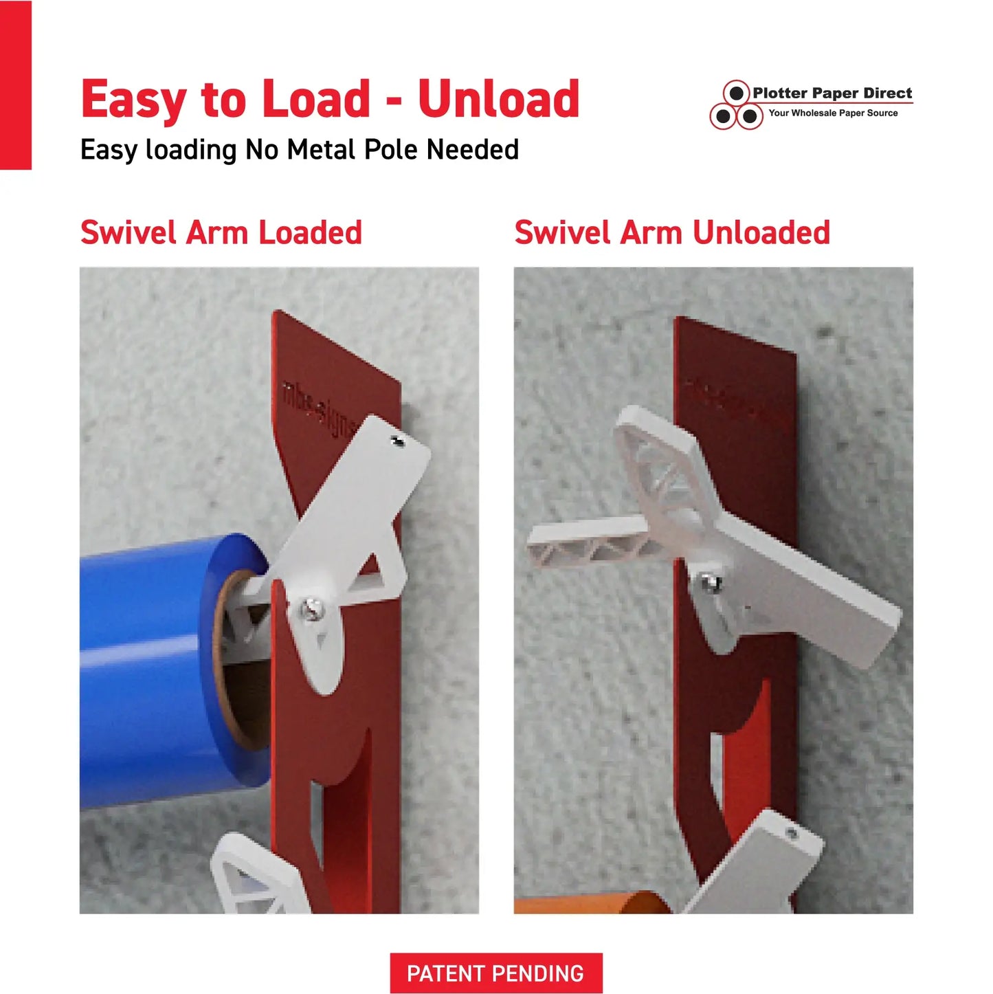 Red Aluminum Wall Mounted Vinyl Roll Storage Rack with White V-Bracket ABS Plastic Swivel Arm – Holds 5 Vinyl Rolls, Space-Saving Organizer for Studios & Print Shops
