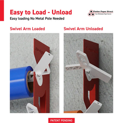 Red Aluminum Wall Mounted Vinyl Roll Storage Rack with White V-Bracket ABS Plastic Swivel Arm – Holds 5 Vinyl Rolls, Space-Saving Organizer for Studios & Print Shops