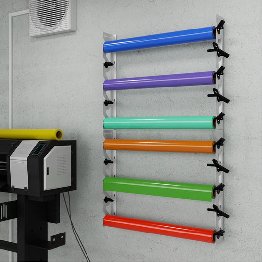 2-Pack Wall Mounted Vinyl Roll Storage Racks – White Aluminum with Black ABS Swivel Arms, Holds 10 Rolls Total, Space-Saving Organizer for Print Shops, Studios & Craft Rooms