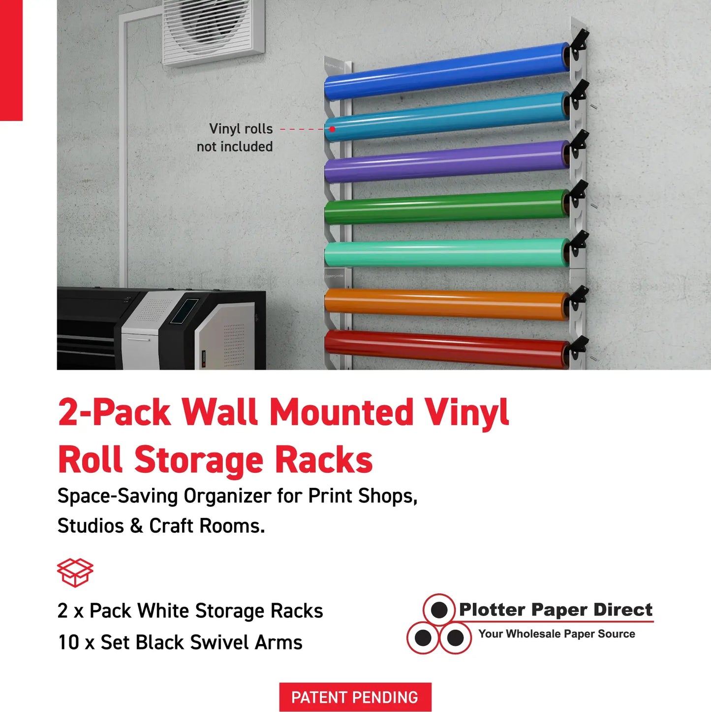 2-Pack Wall Mounted Vinyl Roll Storage Racks – White Aluminum with Black ABS Swivel Arms, Holds 10 Rolls Total, Space-Saving Organizer for Print Shops, Studios & Craft Rooms