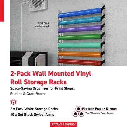 2-Pack Wall Mounted Vinyl Roll Storage Racks – White Aluminum with Black ABS Swivel Arms, Holds 10 Rolls Total, Space-Saving Organizer for Print Shops, Studios & Craft Rooms