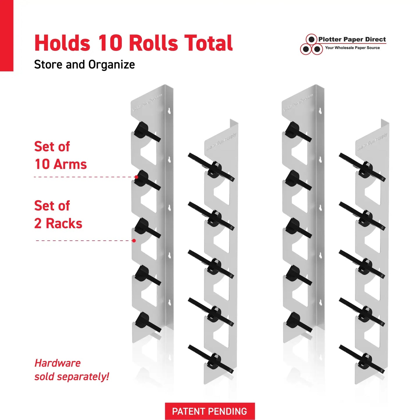 2-Pack Wall Mounted Vinyl Roll Storage Racks – White Aluminum with Black ABS Swivel Arms, Holds 10 Rolls Total, Space-Saving Organizer for Print Shops, Studios & Craft Rooms