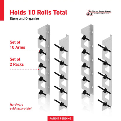 2-Pack Wall Mounted Vinyl Roll Storage Racks – White Aluminum with Black ABS Swivel Arms, Holds 10 Rolls Total, Space-Saving Organizer for Print Shops, Studios & Craft Rooms