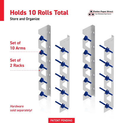 2-Pack Wall Mounted Vinyl Roll Storage Racks – White Aluminum with Blue ABS Swivel Arms, Holds 10 Rolls Total, Space-Saving Organizer for Print Shops, Studios & Craft Rooms