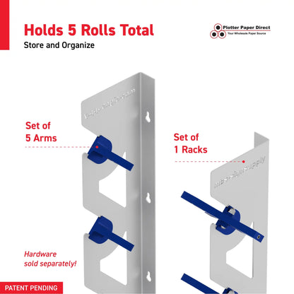 White Aluminum Wall Mounted Vinyl Roll Storage Rack with Blue V-Bracket ABS Plastic Swivel Arm – Holds 5 Vinyl Rolls, Space-Saving Organizer for Studios & Print Shops