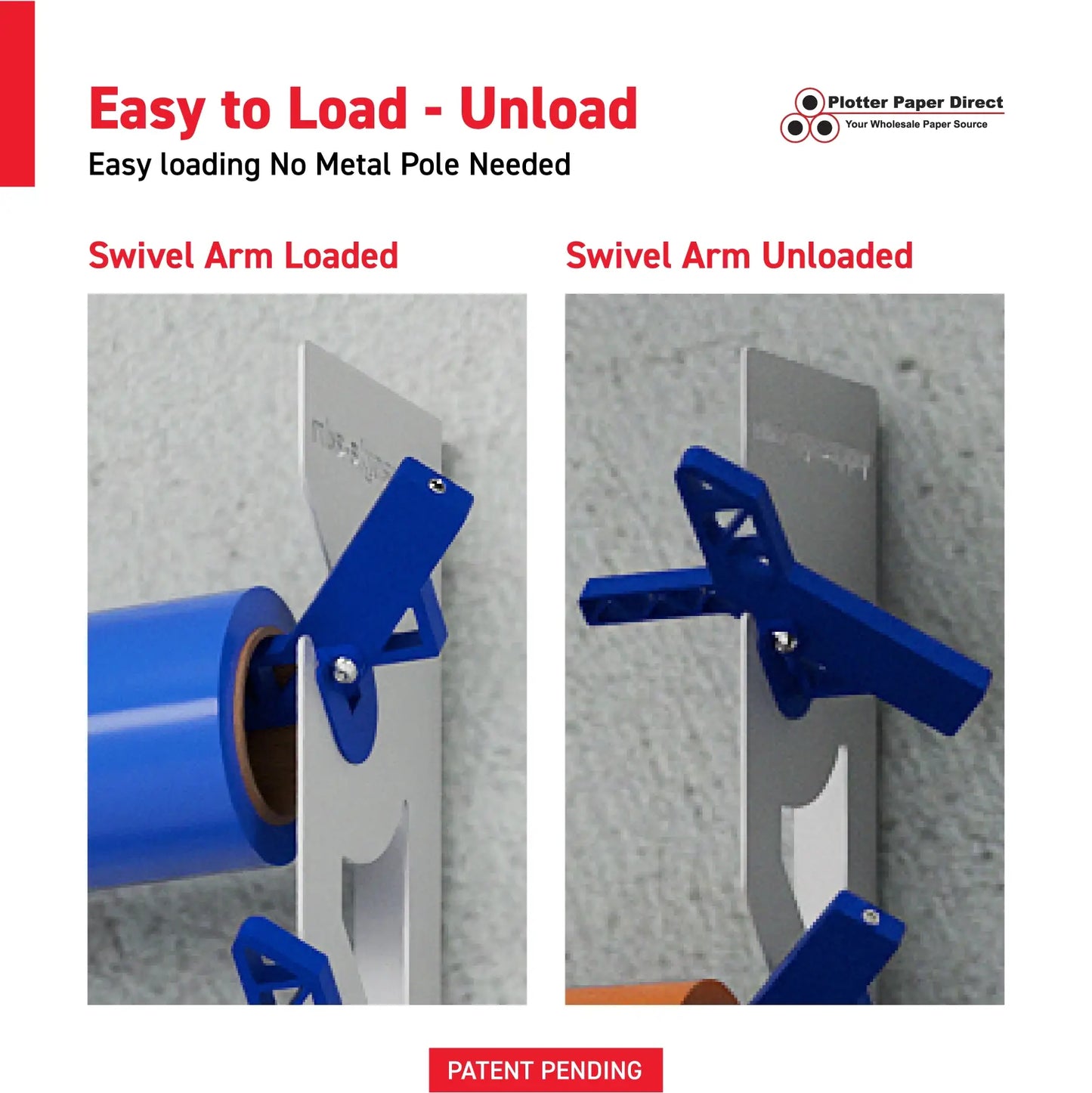 White Aluminum Wall Mounted Vinyl Roll Storage Rack with Blue V-Bracket ABS Plastic Swivel Arm – Holds 5 Vinyl Rolls, Space-Saving Organizer for Studios & Print Shops