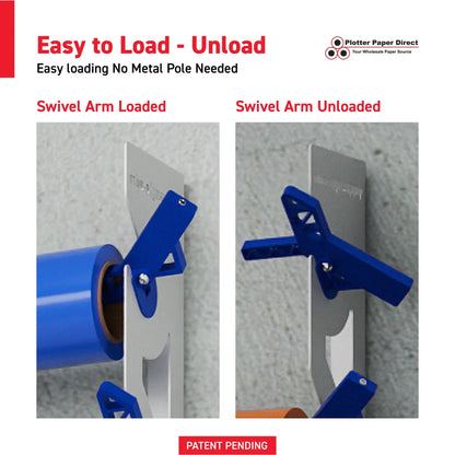 White Aluminum Wall Mounted Vinyl Roll Storage Rack with Blue V-Bracket ABS Plastic Swivel Arm – Holds 5 Vinyl Rolls, Space-Saving Organizer for Studios & Print Shops