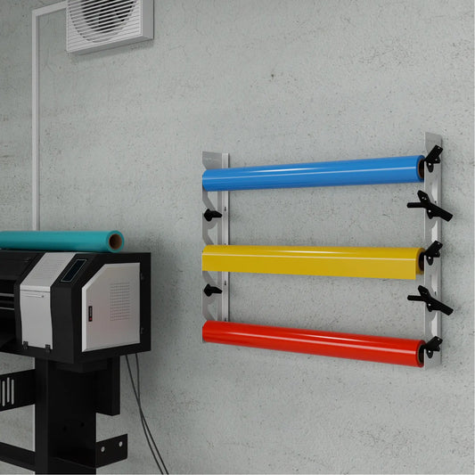 White Aluminum Wall Mounted Vinyl Roll Storage Rack with Black V-Bracket ABS Plastic Swivel Arm – Holds 5 Vinyl Rolls, Space-Saving Organizer for Studios & Print Shops