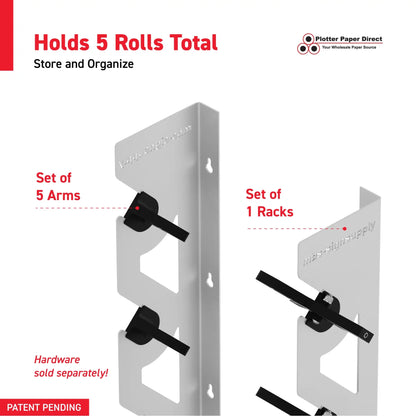 White Aluminum Wall Mounted Vinyl Roll Storage Rack with Black V-Bracket ABS Plastic Swivel Arm – Holds 5 Vinyl Rolls, Space-Saving Organizer for Studios & Print Shops