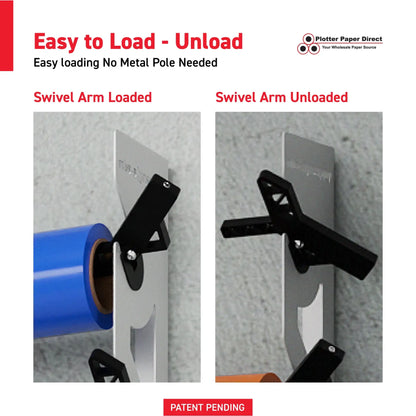 White Aluminum Wall Mounted Vinyl Roll Storage Rack with Black V-Bracket ABS Plastic Swivel Arm – Holds 5 Vinyl Rolls, Space-Saving Organizer for Studios & Print Shops