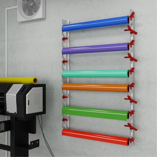 2-Pack Wall Mounted Vinyl Roll Storage Racks – White Aluminum with Red ABS Swivel Arms, Holds 10 Rolls Total, Space-Saving Organizer for Print Shops, Studios & Craft Rooms