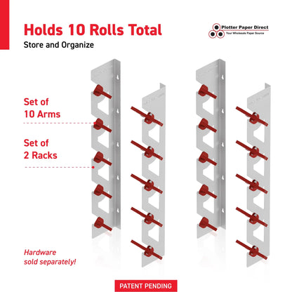 2-Pack Wall Mounted Vinyl Roll Storage Racks – White Aluminum with Red ABS Swivel Arms, Holds 10 Rolls Total, Space-Saving Organizer for Print Shops, Studios & Craft Rooms
