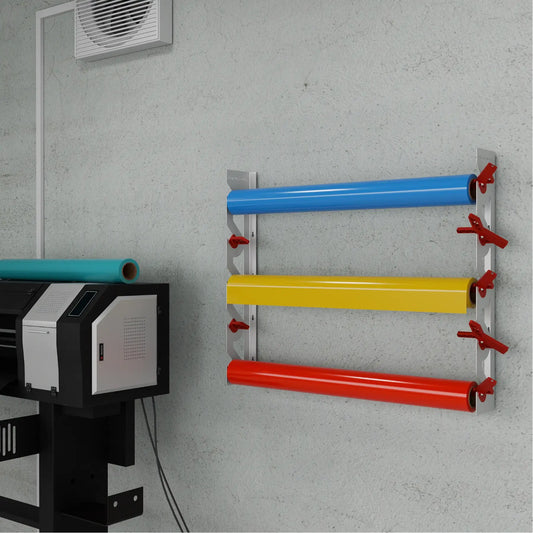 White Aluminum Wall Mounted Vinyl Roll Storage Rack with Red V-Bracket ABS Plastic Swivel Arm – Holds 5 Vinyl Rolls, Space-Saving Organizer for Studios & Print Shops