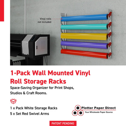 White Aluminum Wall Mounted Vinyl Roll Storage Rack with Red V-Bracket ABS Plastic Swivel Arm – Holds 5 Vinyl Rolls, Space-Saving Organizer for Studios & Print Shops