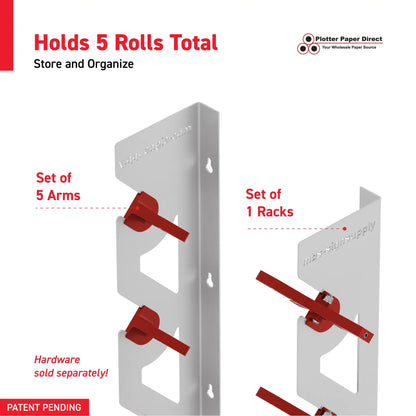 White Aluminum Wall Mounted Vinyl Roll Storage Rack with Red V-Bracket ABS Plastic Swivel Arm – Holds 5 Vinyl Rolls, Space-Saving Organizer for Studios & Print Shops