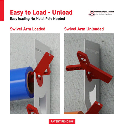 White Aluminum Wall Mounted Vinyl Roll Storage Rack with Red V-Bracket ABS Plastic Swivel Arm – Holds 5 Vinyl Rolls, Space-Saving Organizer for Studios & Print Shops