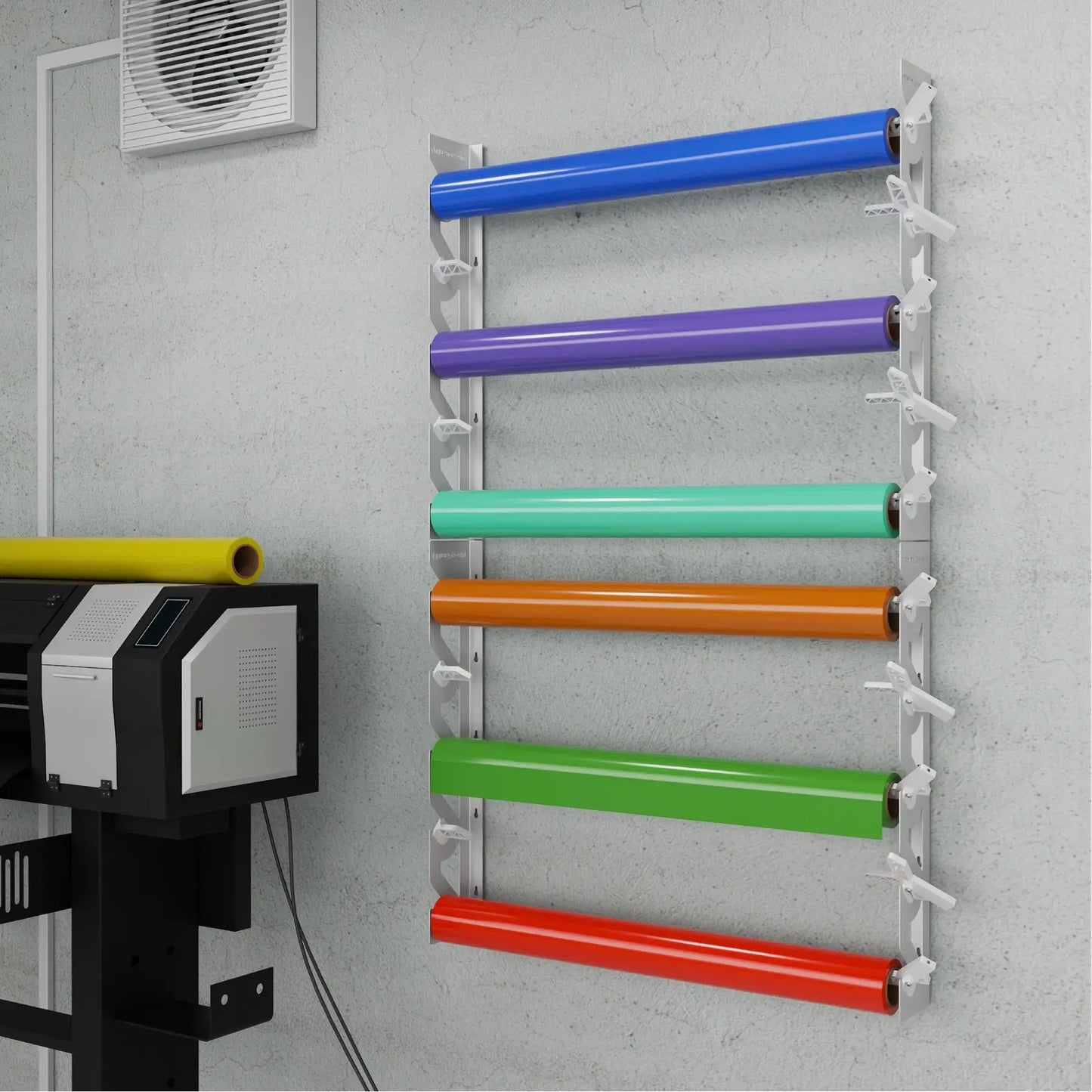 2-Pack Wall Mounted Vinyl Roll Storage Racks – White Aluminum with White ABS Swivel Arms, Holds 10 Rolls Total, Space-Saving Organizer for Print Shops, Studios & Craft Rooms