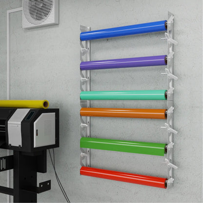 2-Pack Wall Mounted Vinyl Roll Storage Racks – White Aluminum with White ABS Swivel Arms, Holds 10 Rolls Total, Space-Saving Organizer for Print Shops, Studios & Craft Rooms