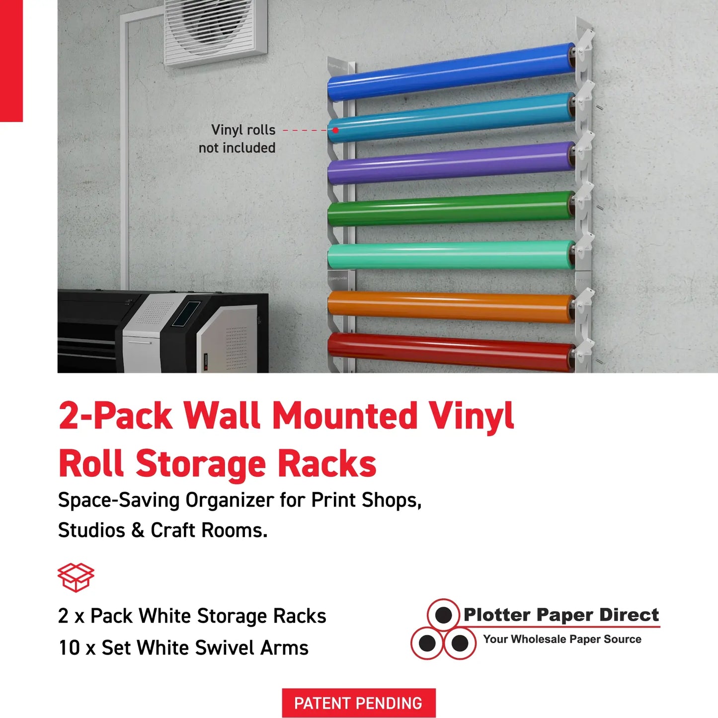 2-Pack Wall Mounted Vinyl Roll Storage Racks – White Aluminum with White ABS Swivel Arms, Holds 10 Rolls Total, Space-Saving Organizer for Print Shops, Studios & Craft Rooms