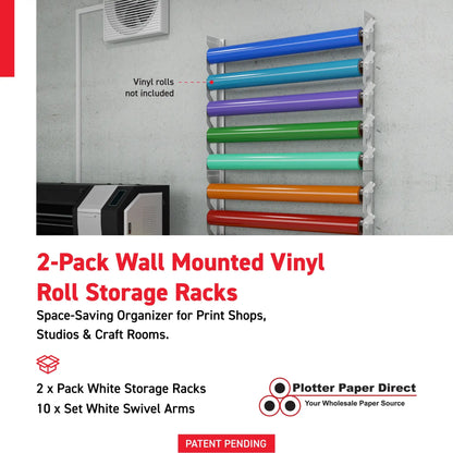 2-Pack Wall Mounted Vinyl Roll Storage Racks – White Aluminum with White ABS Swivel Arms, Holds 10 Rolls Total, Space-Saving Organizer for Print Shops, Studios & Craft Rooms