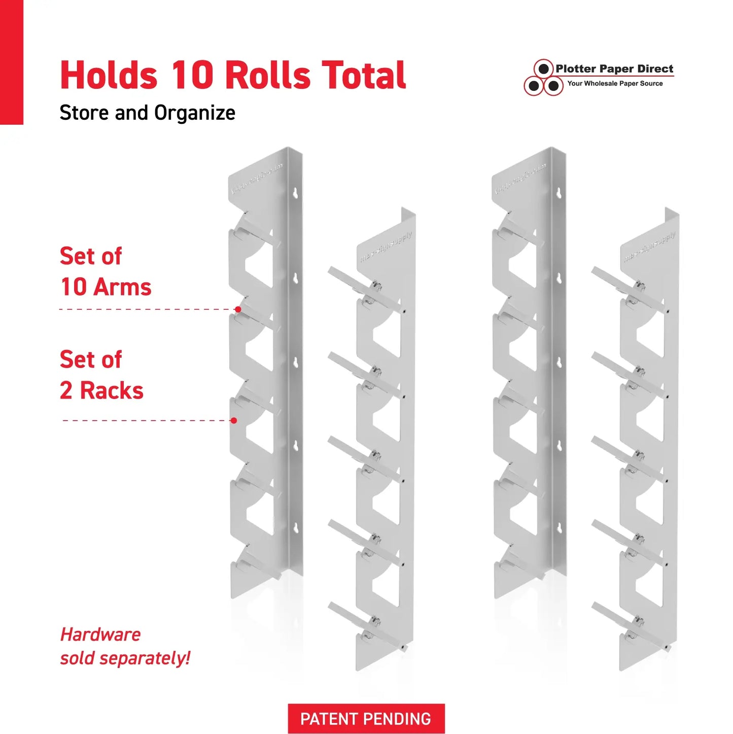 2-Pack Wall Mounted Vinyl Roll Storage Racks – White Aluminum with White ABS Swivel Arms, Holds 10 Rolls Total, Space-Saving Organizer for Print Shops, Studios & Craft Rooms