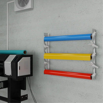 White Aluminum Wall Mounted Vinyl Roll Storage Rack with White V-Bracket ABS Plastic Swivel Arm – Holds 5 Vinyl Rolls, Space-Saving Organizer for Studios & Print Shops