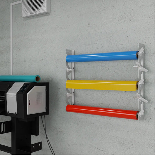 White Aluminum Wall Mounted Vinyl Roll Storage Rack with White V-Bracket ABS Plastic Swivel Arm – Holds 5 Vinyl Rolls, Space-Saving Organizer for Studios & Print Shops