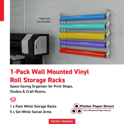 White Aluminum Wall Mounted Vinyl Roll Storage Rack with White V-Bracket ABS Plastic Swivel Arm – Holds 5 Vinyl Rolls, Space-Saving Organizer for Studios & Print Shops