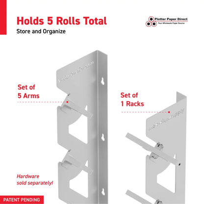 White Aluminum Wall Mounted Vinyl Roll Storage Rack with White V-Bracket ABS Plastic Swivel Arm – Holds 5 Vinyl Rolls, Space-Saving Organizer for Studios & Print Shops