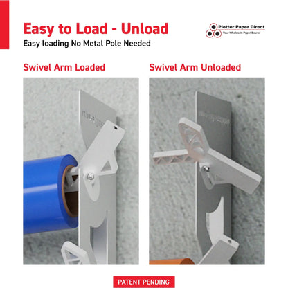 White Aluminum Wall Mounted Vinyl Roll Storage Rack with White V-Bracket ABS Plastic Swivel Arm – Holds 5 Vinyl Rolls, Space-Saving Organizer for Studios & Print Shops