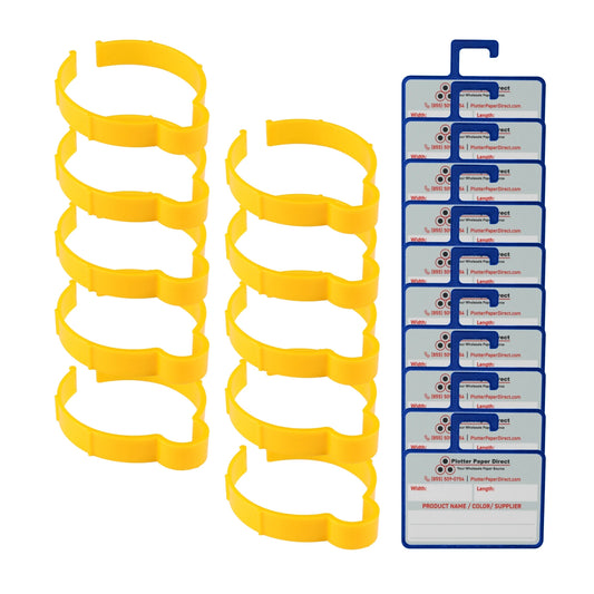 Vinyl Roll Storage Kit – 10 Yellow Retaining Clips & 10 Blue Writable MediaCards | Quick-Release Holders for 3" Core, Up to 5" Rolls | Double-Sided Labeling for Size, Color & Supplier