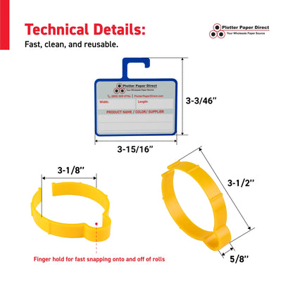 Vinyl Roll Storage Kit – 10 Yellow Retaining Clips & 10 Blue Writable MediaCards | Quick-Release Holders for 3" Core, Up to 5" Rolls | Double-Sided Labeling for Size, Color & Supplier